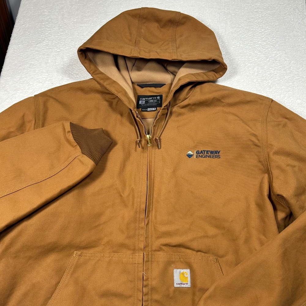 Carhartt Loose Fit Duck Jacket Hooded Work Coat Mens L Tall Brown Embroidered